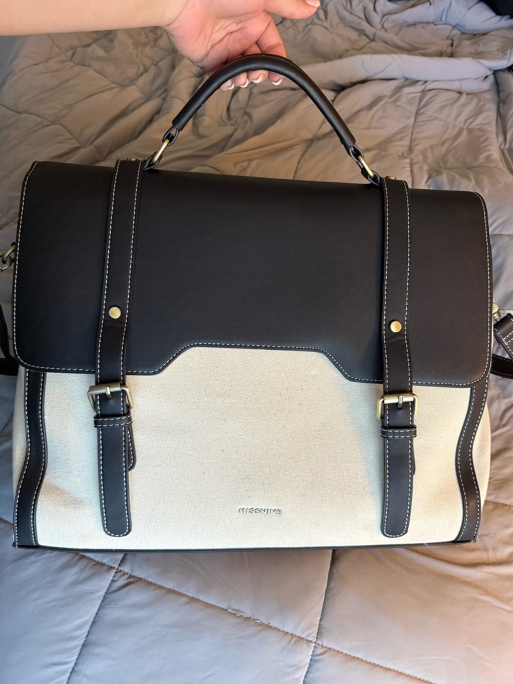 Two-Tone Canvas & Leather Satchel Bag - Cream and Dark Brown